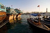 Traditional boats in the harbour, Dhow in Dubai Creek, Dubai, United Arab Emirates