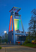 Light installation at the Shaft tower of former Goettelborn open-cast mine, Europe's tallest shaft-tower, Saarland, Germany, Europe