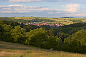 Blick über Wald auf Blieskastel in der Abenddämmerun, Bliesgau, Saarland, Deutschland, Europa
