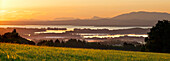 View from Ratzinger Hoehe over lake Chiemsee and Fraueninsel, Chiemgau, Upper Bavaria, Germany