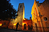 The illuminated Chateau Grimaldi at the old town in the evening, Antibes, Cote d'Azur, South France, Europe