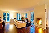 Modern flat with christmas tree and fireplace, Hamburg, Germany