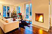 Modern flat with christmas tree and fireplace, Young woman dressing the tree, Hamburg, Germany