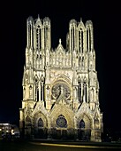 Notre-Dame gothic cathedral, 13th Century, at night, Reims, Champagne, France