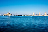 Windmills  Mandraki Port, Rhodes city, Rhodes island, Dodecanese, Greek Islands, Greece, Europe