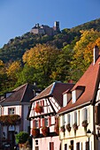 France, Haut-Rhin, Alsace Region, Alasatian Wine Route, Ribeauville, town buildings and castle ruins
