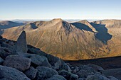View from Ben Macdui looking across The Larig Ghru to Cairn Toul centre, The Angels Peak right of centre and Braeriach far right, Grampian Mountains, Cairngorms National Park, Scotland