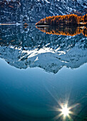 Switzerland, Europe, Engadin, Engadine, Graubünden, Grisons, autumn, mountains, Alps, alpine, snow, larch, tree, blue sky, sun, sky, scenery, alpine scenery, island, isle, reflection. Switzerland, Europe, Engadin, Engadine, Graubünden, Grisons, autumn, mo