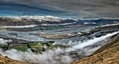 Upper Rakaia river valley, NW front approaches, Algidus and Mt Oakden Stations, panorama from Mt Oakden, early winter, Canterbury high country