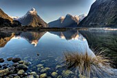 Mitre peak, winter sunrise, Milford Sound, Fiordland National Park.