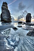 Two Sisters  formerly Three sisters until one rock stack fell over, sunset, Tongaporutu, North Taranaki