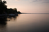 Lakeside Dock With Boat At Dusk, Ithaca, New York, USA