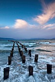 Braun & Blanchard  famous old pier, storm approaching at sunset, Puerto Natales, Patagonia, Chile