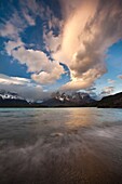 Evening light and windcloud, Lago Pehoe, Cuernos del Paine above, Parque Nacional Torres del Paine, Patagonia, Chile