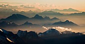 Andes mountains at sunset near Aconcagua, highest peak in South America, aerial view, border between Argentina and Chile