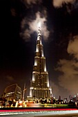 The Burj al Khalifa illuminated at night in Dubai, UAE