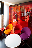 Lobby with designer furniture, Citizen M Hotel, Amsterdam, Netherlands