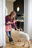 Girl petting a dog in a hotel breakfast room, Fincken, Mecklenburg-Western Pomerania, Germany