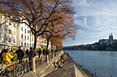Banks of the river Rhine and the old town, Basel Munster in the background, Basel, Switzerland