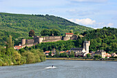 View of Sierck-les-Bains with Moselle river and castle, Sierck-les-Bains, Thionville-Est, France, Europe