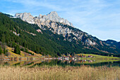 Halden lake with Nesselwangle and Tannheimer mountains, Tannheimer valley, Allgaeu Alps, Tyrol, Austria