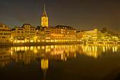 Limmat with St Peter and Hotel zum Storchen, dusk,  Zurich, Switzerland