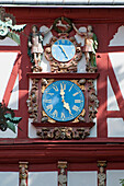 Clock with statues, Herberg castle, Osterode am Harz, Harz, Lower Saxony, Germany