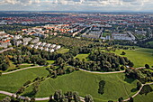 Blick von oben auf den Olympiapark, München, Oberbayern, Bayern, Deutschland, Europa