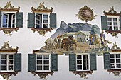 Germany Bavaria Oberammergau Painted building facade with windows and shutters luftmaileri
