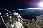 The Brightness of the Sun The bright sun greets the International Space Station in this Nov  22 image, taken from the Russian section of the orbital outpost and photographed by the STS-129 crew  The 11-day STS-129 mission installed a number of station upg