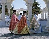 Cyclades Islands, Fira, Greece, Greek Ortodox Pries. Cyclades, Fira, Greece, Europe, Greek, Holiday, Islands, Landmark, Ortodox, Priests, Santorini, Thira, Tourism, Travel, Vacation