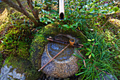 A detailed view shows the traditional stone water basin outside the Seiren-tei teahouse at Tojiin Temple, located in the northern part of Kyoto, Japan.