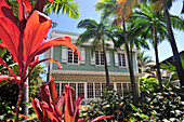 Colonial house with green front and its garden, St Denis, Reunion Island, Indian Ocean, France