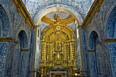 The church Igreja Sao Lourenco de Matos, Almancil, baroc altar and blue handpainted tiles, azulejos, Algarve, Portugal, Europe