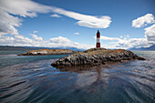 Lighthouse and sea lions on island in Beagle Channel, near Ushuaia, Tierra del Fuego, Patagonia, Argentina, South America
