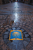 Sign for Way of St. James, Calle de la Tenderia, Bilbao, Camino de Santiago, pilgrims way, Province of Biskaia, Basque Country, Euskadi, Northern Spain, Spain, Europe