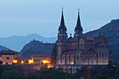 Basilica de Santa Maria la Real in the evening, Basilica from 19th. century, Covadonga, Picos de Europa, province of Asturias, Principality of Asturias, Northern Spain, Spain, Europe