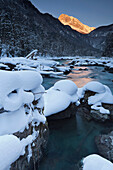 Snowy Enns river, Grosser Buchstein, National Park Gesaeuse, Ennstal Alps, Styria, Austria, Europe