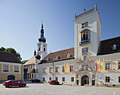 Inner courtyard of the Heiligenkreuz abbey in the sunlight, Heiligenkreuz, Lower Austria, Austria, Europe