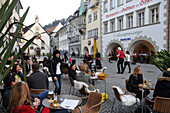 People in street cafes in the street Marktstrasse, Feldkirch, Vorarlberg, Austria, Europe
