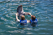 Two people swimming with a dolphin at Xel-Ha Water Park, Tulum, Riviera Maya, Quintana Roo, Mexico