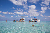 Snorkeler and excursion boats at Stingray City sand bank, Grand Cayman, Cayman Islands, Caribbean