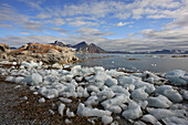 Pack ice on the beach, Hornsund, Spitzbergen, Norway, Europe