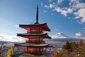 Japan, Fujiyoshida City, Churieto Pagoda and Mount Fuji.