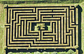 Aerial view of hedge maze. Vertical Aerial Shot of Hatfield Maze