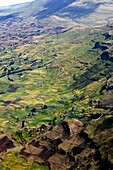 Landscape in the Simien Mountains National Park  Traditional farming communities at the cliffs of the escarpment  The Simien Semien, Saemen, Simen Mountains National Park is part of the UNESCO World heritage and is listed in the red list of threatened her