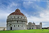 View of the Piazza dei Miracoli with the Duomo and the Baptistery, the Leaning Tower in the background in the city of Pisa in the region of Tuscany, Italy