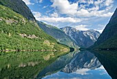 Scenic reflection in Naeroyfjord, Norway