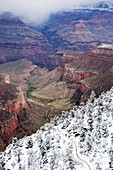 Hikers on upper section of Bright Angel trail covered in snow, Grand Canyon national park, Arizona, USA