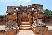 Lion statues at the entrance to the Sun Temple, Konark, Orissa, India